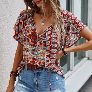 New Floral Print Tie Neck Butterfly Sleeve Blouse